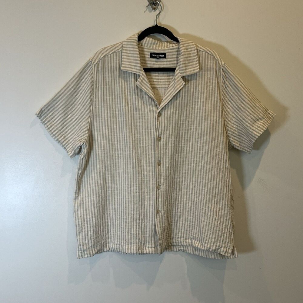 Winward Men's Casual Button Up Shirt Short Sleeves 100% Cotton Stripe Ivory L